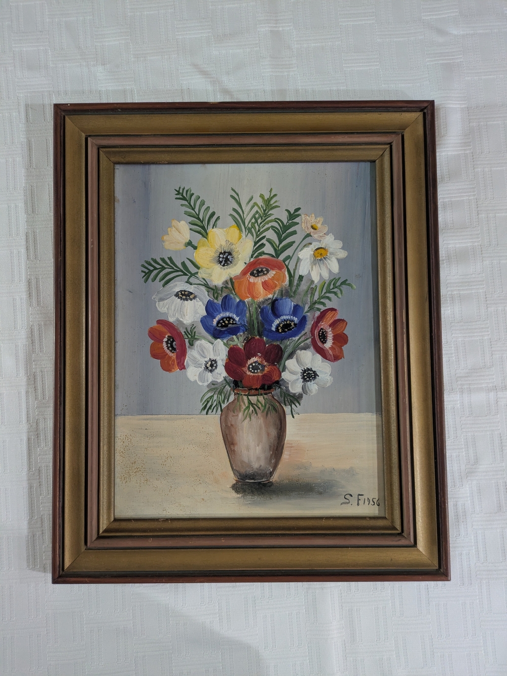 Vintage 1956 Signed Floral Oil Painting Mid Century Anemone Flower Still Life